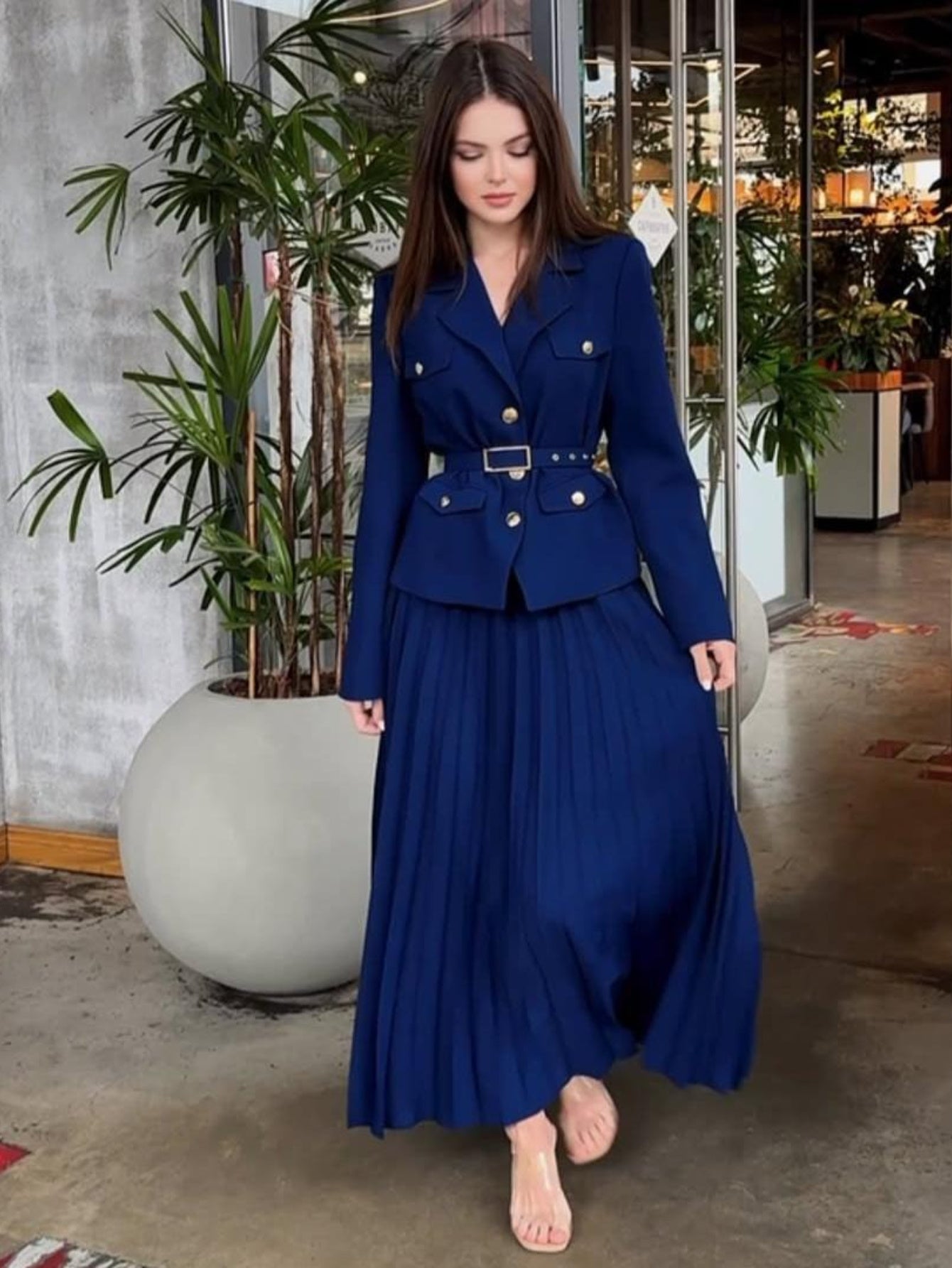 Plus Size - Plus Size, Women'S Elegant Belted Cardigan Suit Jacket & Long Skirt Set - Oversized Fit with Structured Waist, Round Neck Long Sleeve Coat & Matching Skirt, All-Season Versatile Formal & Semi-Formal Outfit, Pockets, Plus Size Available (