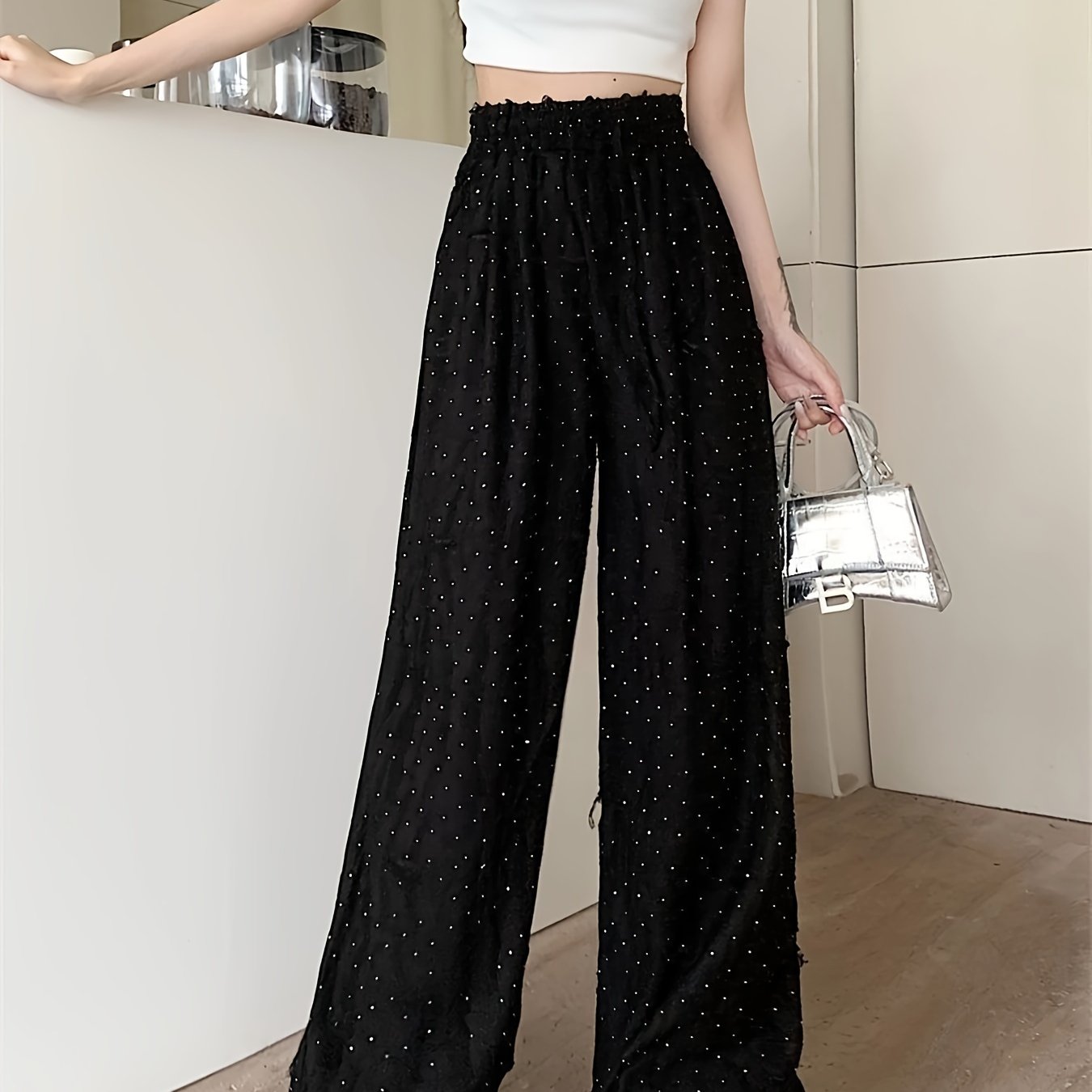 Solid Wide Leg Wide Leg Pants, Casual Ripped Holes Tied Elastic Waist Comfy Pants For Summer & Fall, Women's Clothing