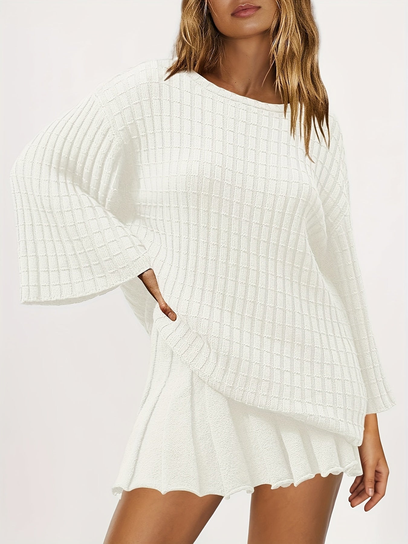 Womens Sweater Skirt Set 2pcs Outfits Long Sleeve Pullover Top Ribbed Knit Lounge Dresses
