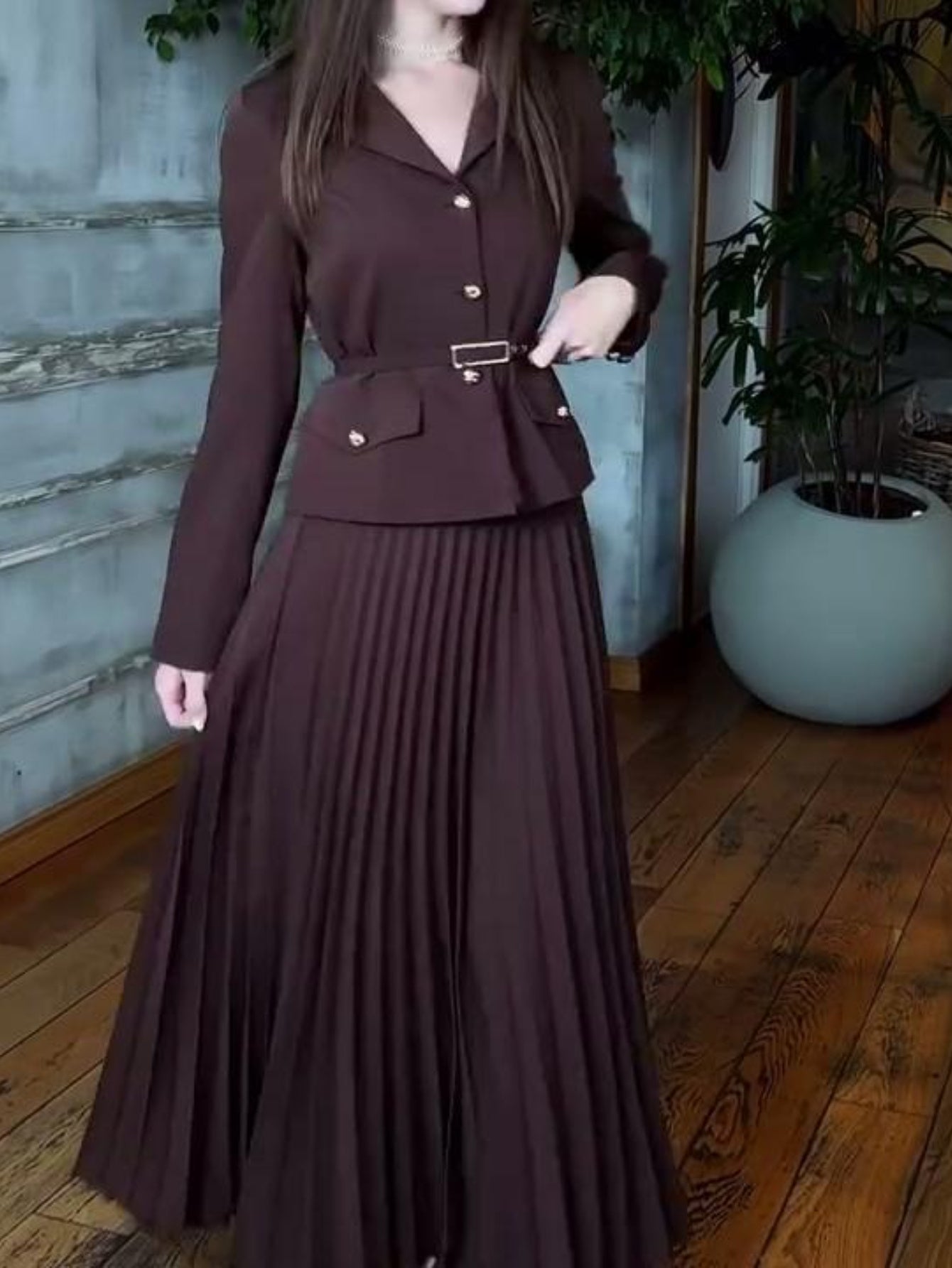 Plus Size - Plus Size, Women'S Elegant Belted Cardigan Suit Jacket & Long Skirt Set - Oversized Fit with Structured Waist, Round Neck Long Sleeve Coat & Matching Skirt, All-Season Versatile Formal & Semi-Formal Outfit, Pockets, Plus Size Available (