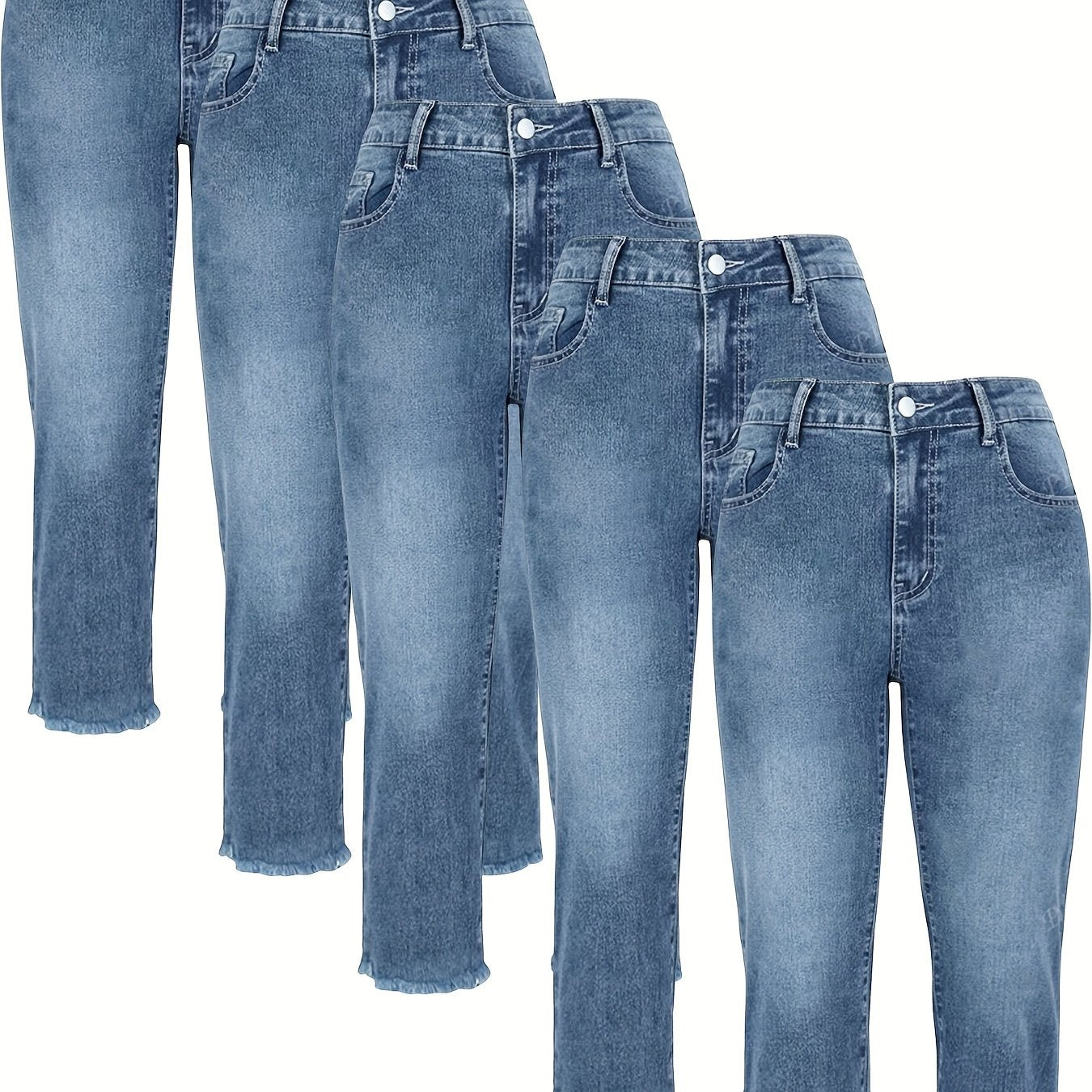 5pcs Women's Casual Slim-fit Jeans, Made Of Viscose Blend Elastic Fabric, Solid Color Design with Fur Edge Details, Suitable for Wearing In Autumn And Winter