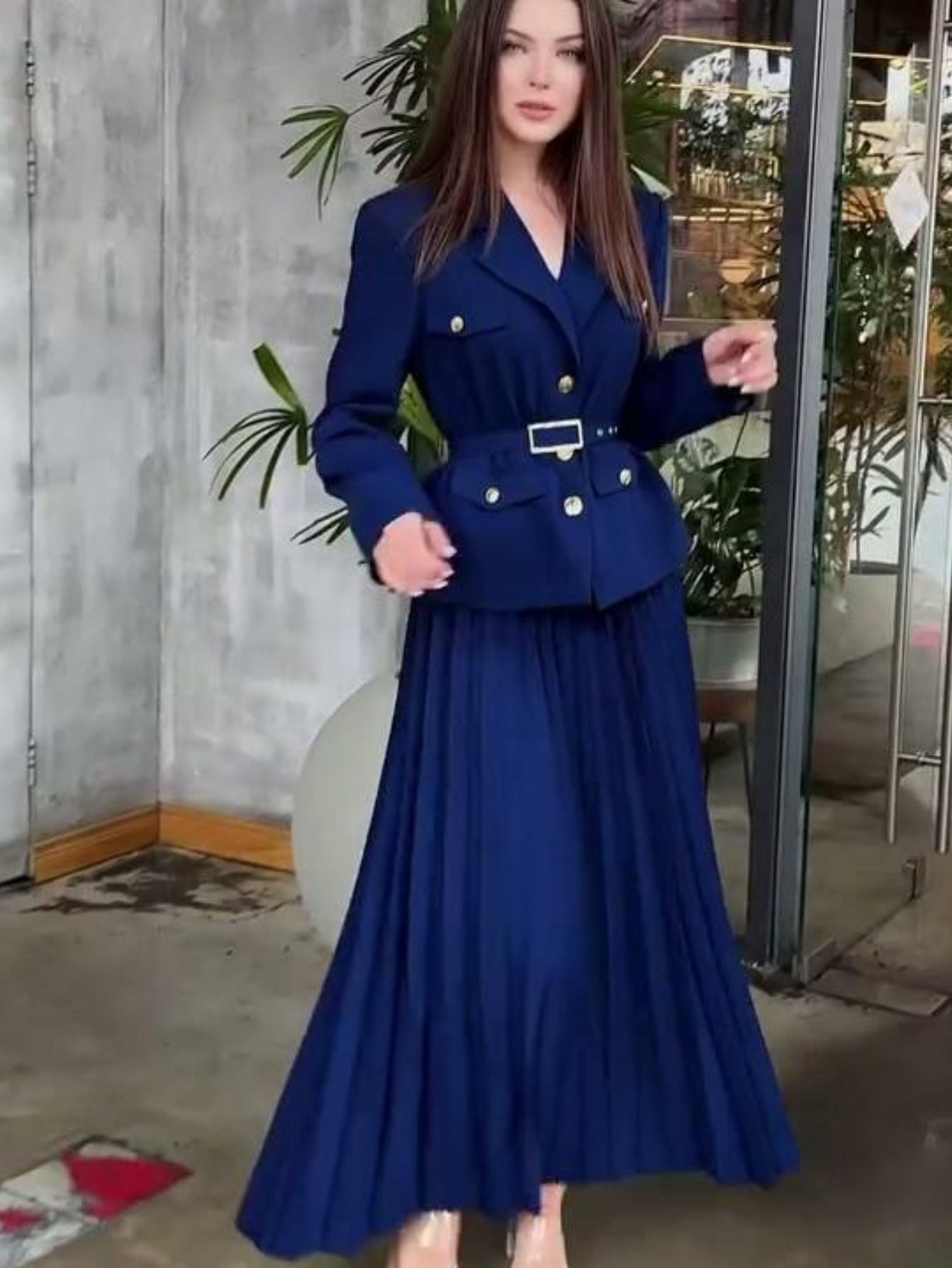 Plus Size - Plus Size, Women'S Elegant Belted Cardigan Suit Jacket & Long Skirt Set - Oversized Fit with Structured Waist, Round Neck Long Sleeve Coat & Matching Skirt, All-Season Versatile Formal & Semi-Formal Outfit, Pockets, Plus Size Available (
