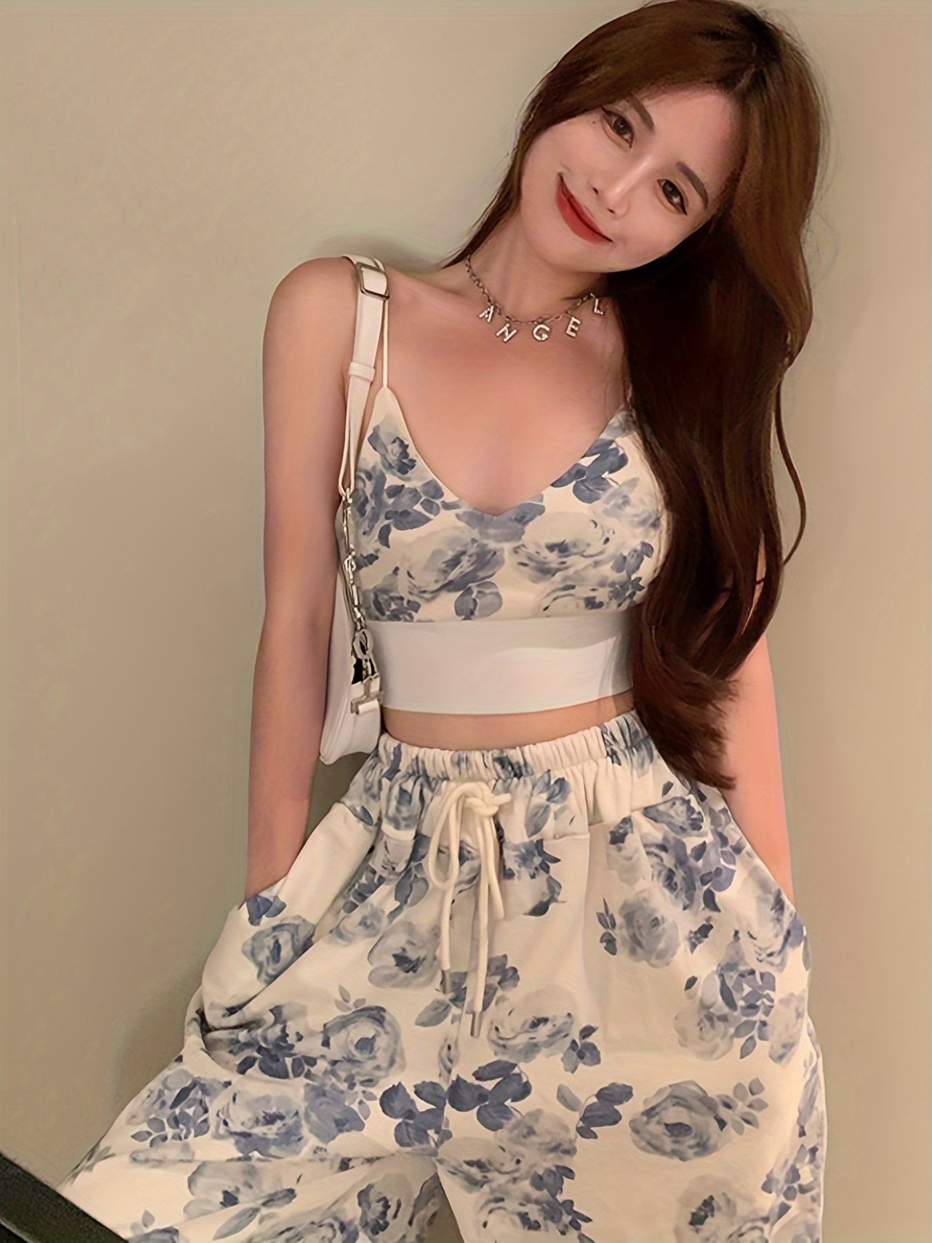 Women Casual 2pcs Temperament Pants Outfits Floral Print V-Neck Spaghetti Strap Camisole + Drawstring Elastic Waist Long Pants Set