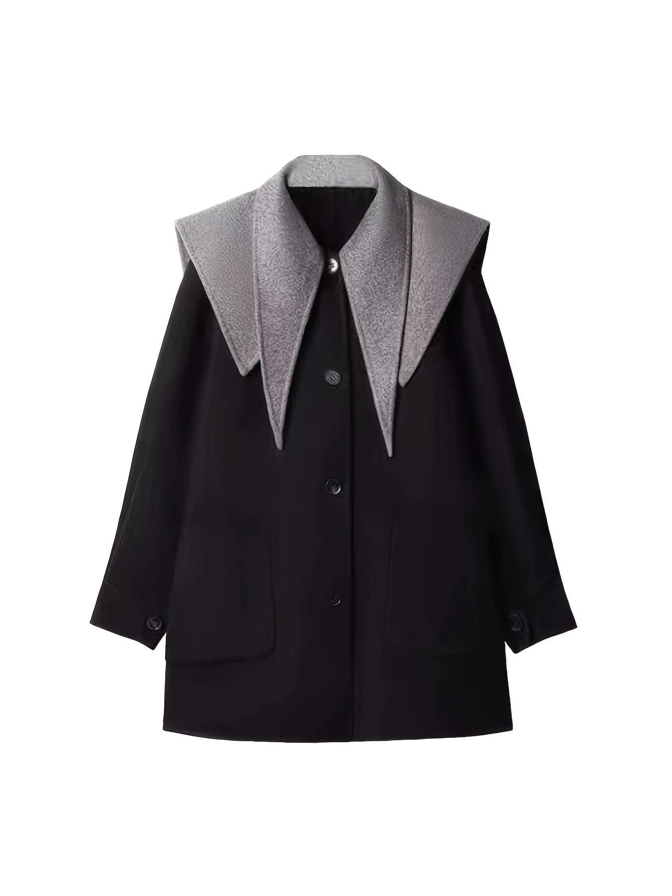 Women's Elegant Black Wool Tweed Coat - Dual-Sided Breasted Navy Collar, Loose Fit for Winter & Fall, Soft & Stylish Outerwear for Casual or Chic Outfits