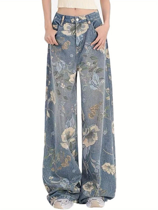 1pc Y2K 90s Inspired High-Waisted Wide Leg Faux Denim Faux Denim for Women, Casual Floral Washed Cotton Fabric, All-Season Straight Leg Non-Stretch Pants
