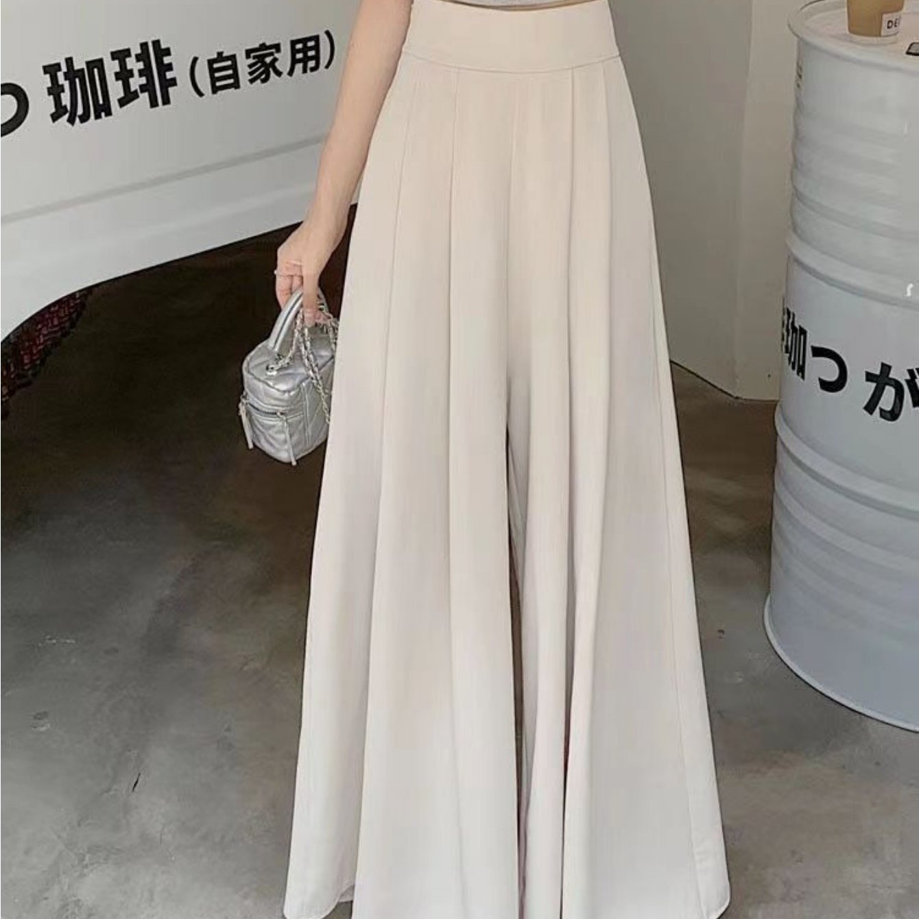 Women'S High-Waist Wide-Leg Pants - Lightweight 150g\u002Fm² Polyester, Solid Color Black, Casual Style, High Elasticity, Machine Washable, Perfect for Spring & Summe
