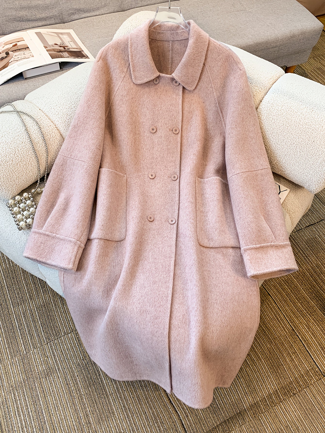 Pink Long Buttoned Korean-Style Elegant Women's Coat with Warmth