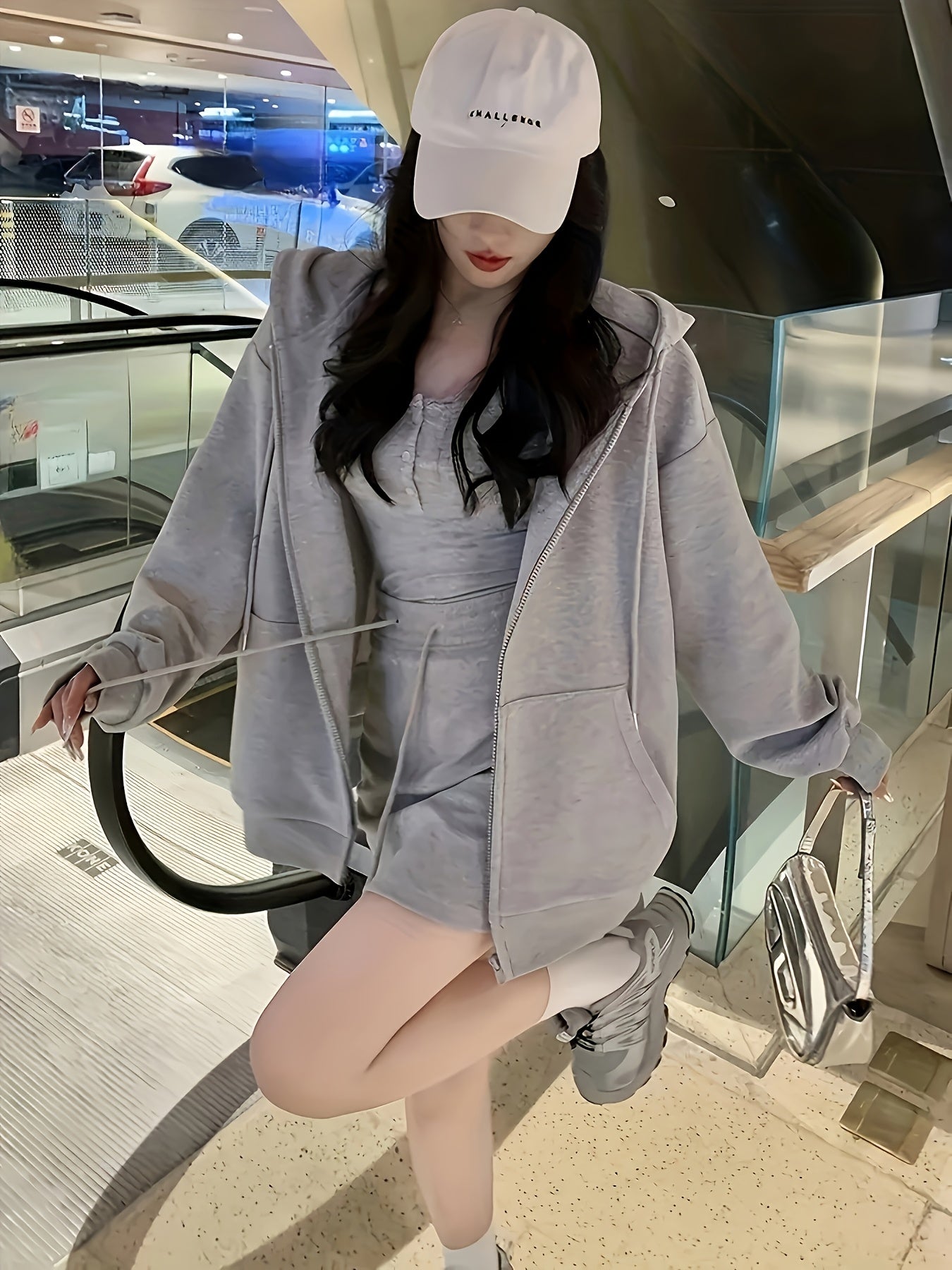 Women'S Casual Gray Hooded Jacket with Kangaroo Pocket - Zip-Up Long Sleeve, Drawstring Hood, Lightweight Polyester for Spring & Fall, Casual Wear Hoodie