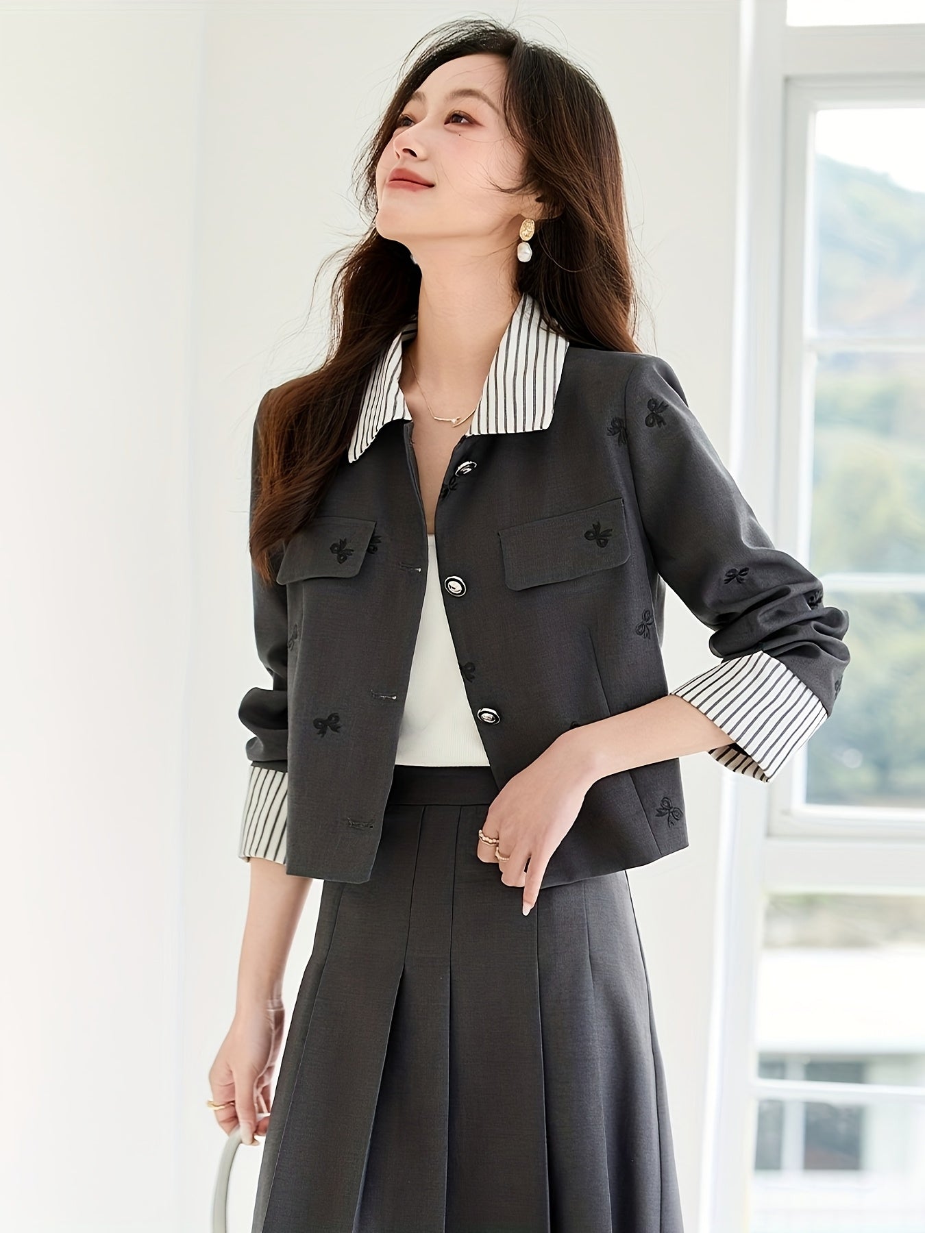 Elegant French-Inspired Butterfly Print Women'S Suit - Chic Black & White Striped Short Jacket with Embroidered Detail, Matching Midi Skirt Set for Spring\u002FFall, Button-Up, Non-Stretch Fabric