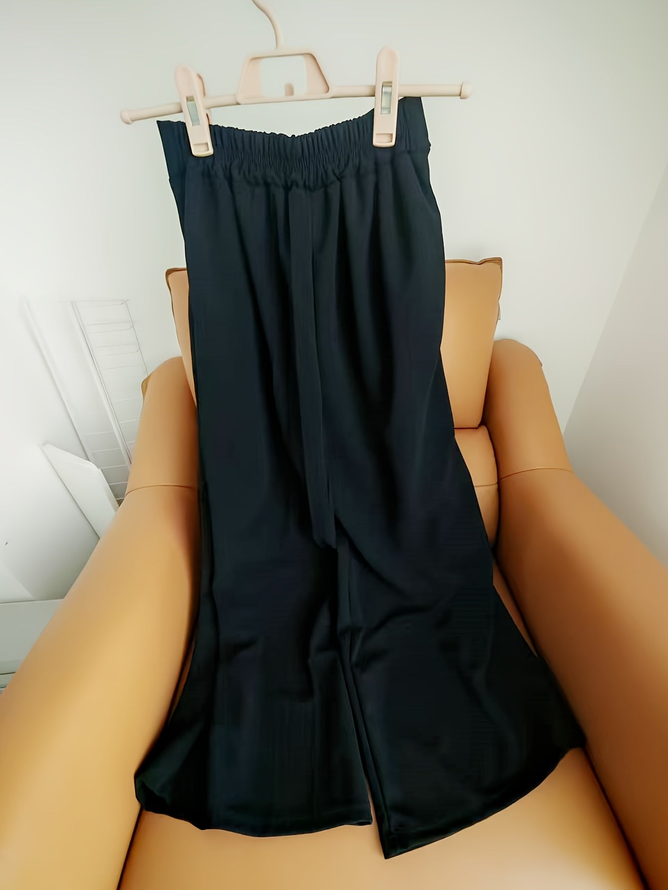 Women'S High-Waist Wide-Leg Pants - Lightweight 150g\u002Fm² Polyester, Solid Color Black, Casual Style, High Elasticity, Machine Washable, Perfect for Spring & Summe