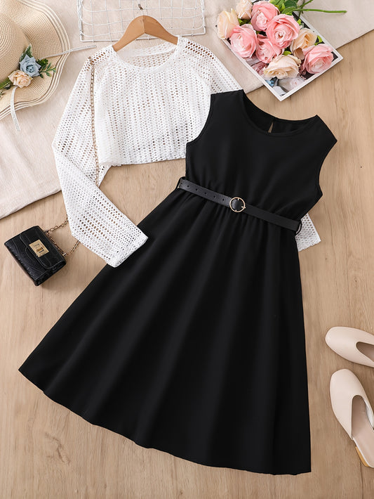 Fashionable Design Round Neck Mesh Breathable Top + Black Simple All-Match Dress Set Two-Piece Suit