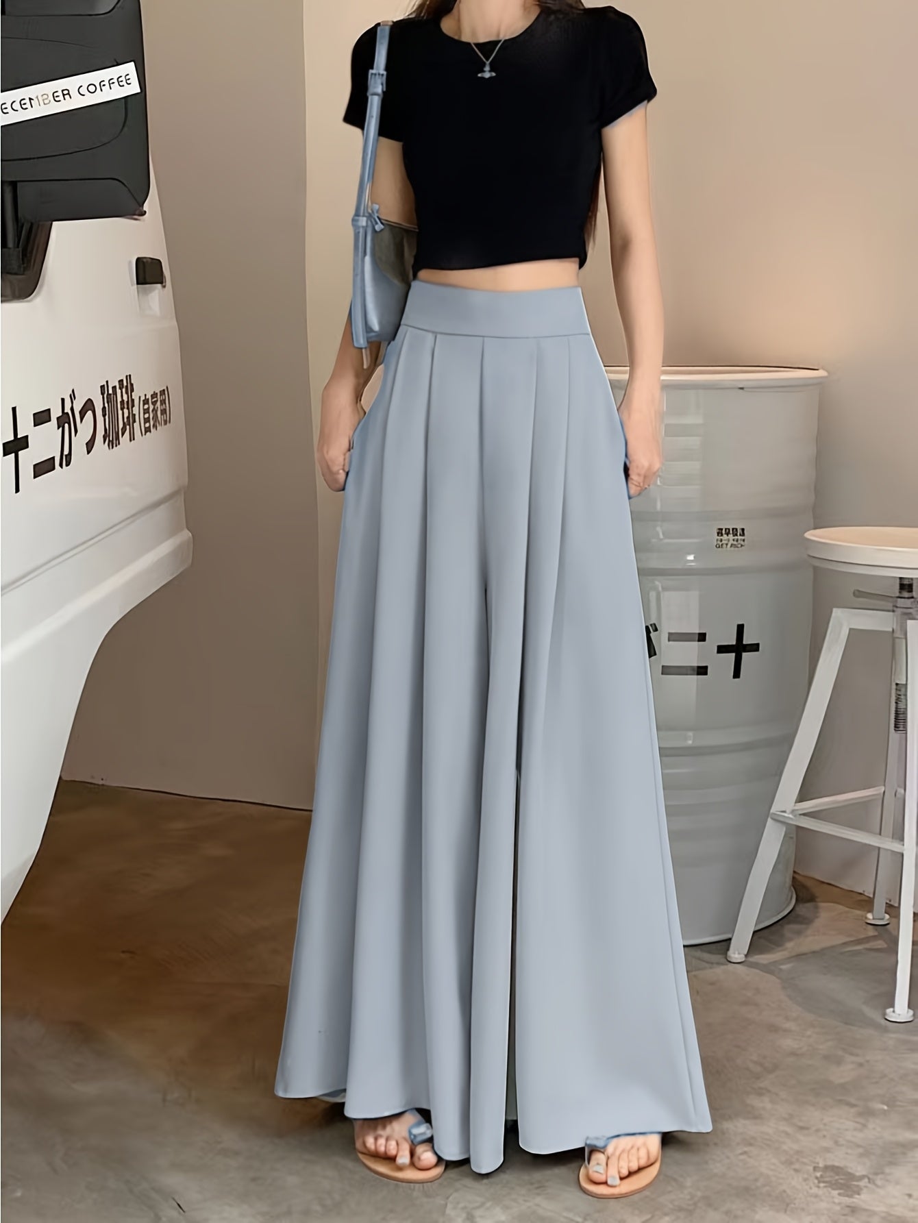 Women'S High-Waist Wide-Leg Pants - Lightweight 150g\u002Fm² Polyester, Solid Color Black, Casual Style, High Elasticity, Machine Washable, Perfect for Spring & Summe