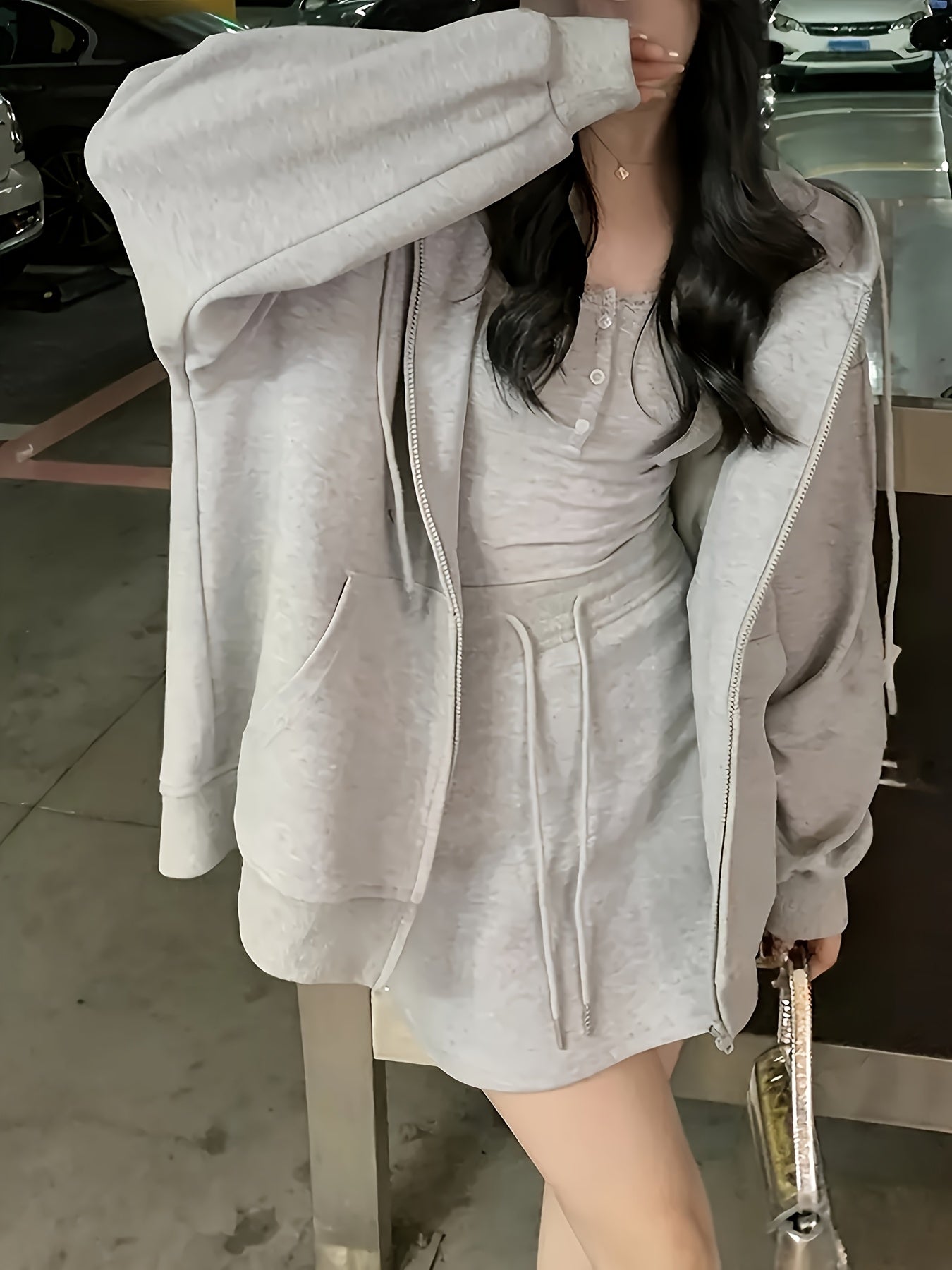 Women'S Casual Gray Hooded Jacket with Kangaroo Pocket - Zip-Up Long Sleeve, Drawstring Hood, Lightweight Polyester for Spring & Fall, Casual Wear Hoodie